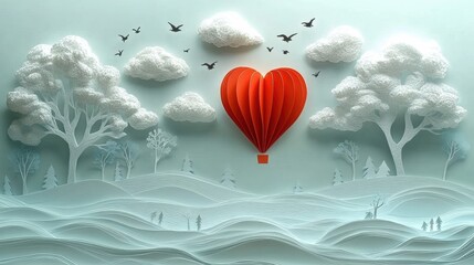 Obraz premium Heart-shaped Balloon in Paper Craft Landscape with Trees and Birds