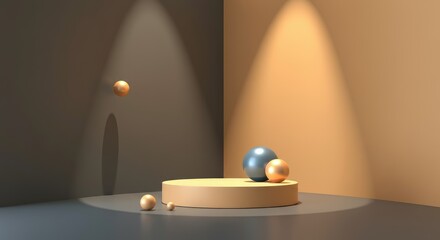 Minimalist still life with spheres on platform, artfully lit in beige and gray tones