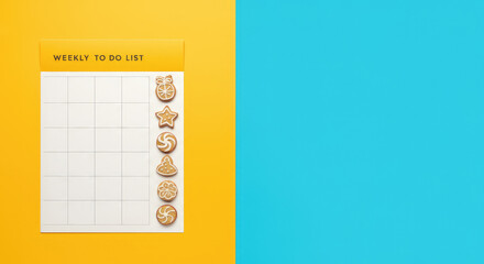 Weekly planner on yellow and blue background, blank squares, calendar section