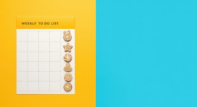 Weekly planner on yellow and blue background, blank squares, calendar section - Powered by Adobe