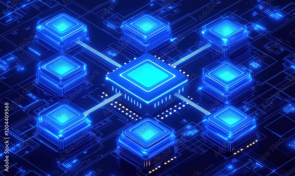 Poster futuristic digital network architecture featuring interconnected glowing processors and circuit patt