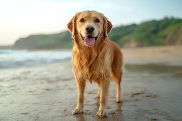 A cheerful golden retriever stands on the beach, enjoying the warm sun and gentle waves