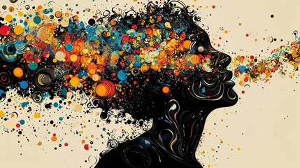 Woman exhales colorful thoughts, ideas, and emotions.