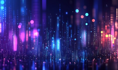Vibrant digital cityscape with glowing lights and colorful vertical lines representing data streams and technology