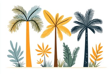 Obraz premium Tropical foliage composition with a variety of palm leaves and plants in vibrant colors, showcasing exotic flora and biodiversity for nature and botanical inspired designs