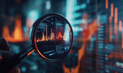 Data analysis through magnifying glass revealing financial graphs and charts, showcasing market trends and statistics