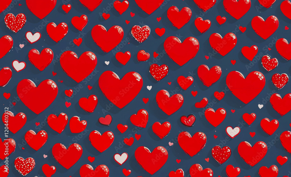 Poster a blue background with many red hearts scattered throughout. the hearts are of various sizes and are