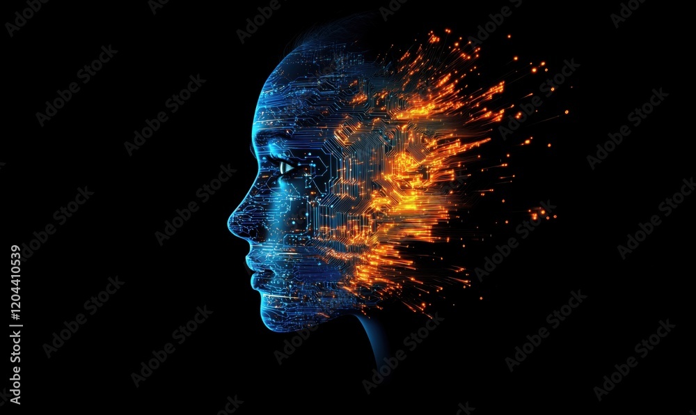 Poster digital transformation of human identity represented by a face merging with circuit patterns and fie