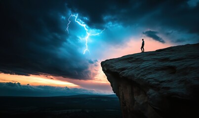 Dramatic Lightning Strike Over Cliffside with Silhouette of Person at Sunset
