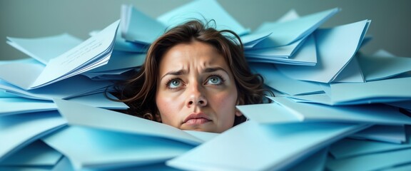 Woman buried under pile of documents in office. Looks stressed, overwhelmed. Businesswoman faces paperwork overload. Expression shows pressure, anxiety. Scene common work problem in busy office
