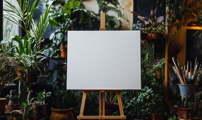 Blank canvas on easel surrounded by lush greenery and potted plants in artist's studio, inviting creativity and inspiration