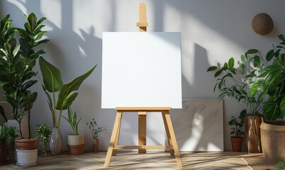 Blank canvas on wooden easel in bright, sunlit room surrounded by lush green plants and artistic decor