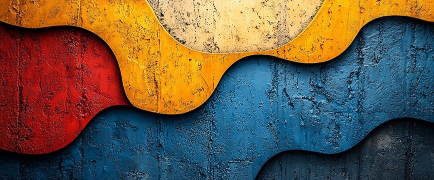 Abstract wavy texture in red, yellow, blue and beige.