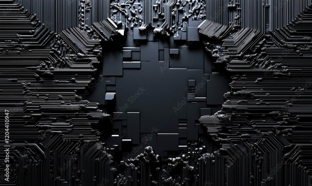 Poster abstract black circuit board with fragmented edges and central void, showcasing intricate patterns a