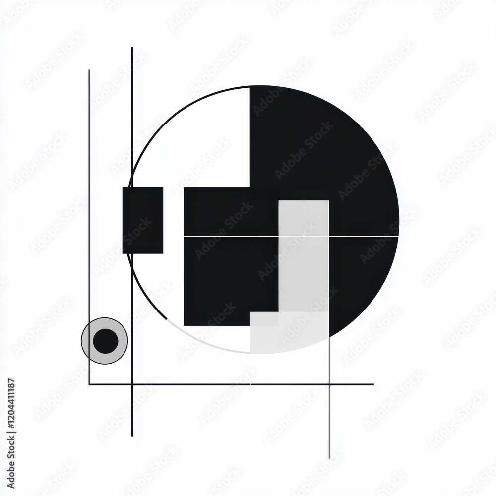 Poster Abstract geometric artwork featuring black and white shapes with circular and square elements in modern design. Generative AI