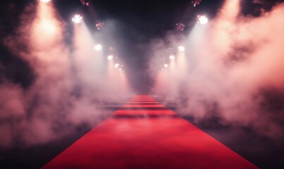Red carpet runway illuminated by dramatic lighting and fog, creating a glamorous atmosphere for events and fashion shows