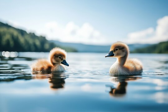 Two adorable baby swans swimming gracefully on a tranquil lake with soft faded colors and serene backdrop