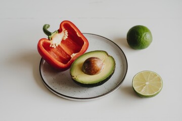 Vibrant Avocados, Peppers, and Limes on a Plate