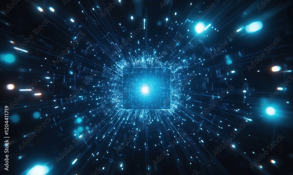 Poster digital data explosion, futuristic technology concept, glowing blue lines and particles radiating fr