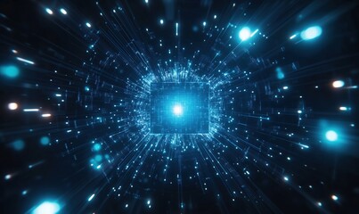 Digital data explosion, futuristic technology concept, glowing blue lines and particles radiating from a central square, representing advanced computing and information processing