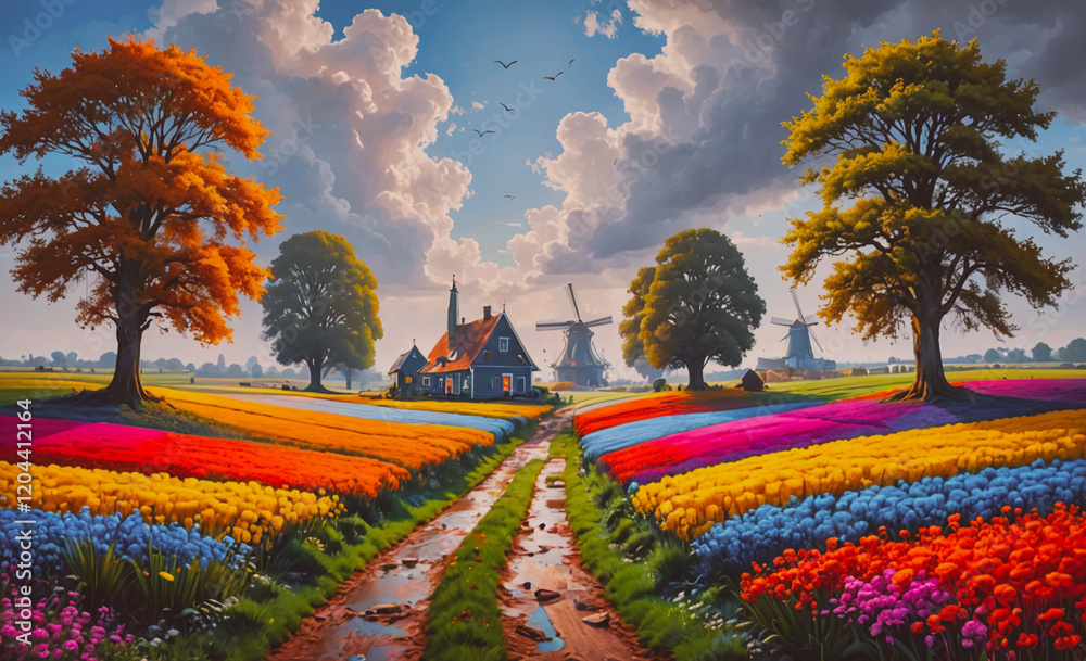 Aufkleber A colorful field with a path leading to a house with a windmill. The sky is cloudy and the trees are in full bloom