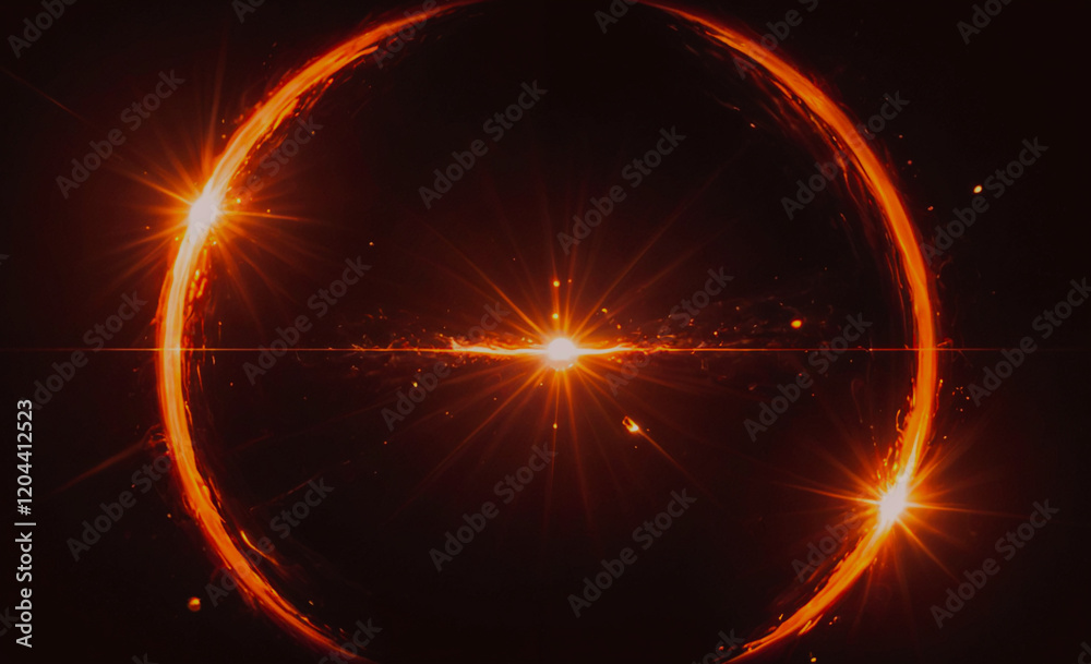 Poster a glowing orange circle with three bright lights in the center. the circle is surrounded by a dark b