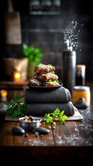 Dark moody food photography three pastries stacked high. AI Generated