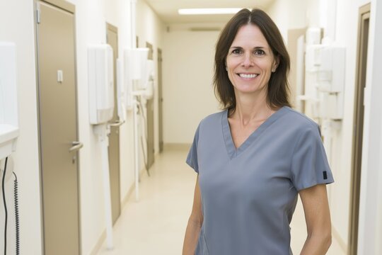 Portrait of a smiling female medical professional in grey scrubs standing in a hospital corridor