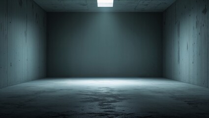 A dimly lit vacant room featuring cold grey colors that evoke feelings of solitude and isolation