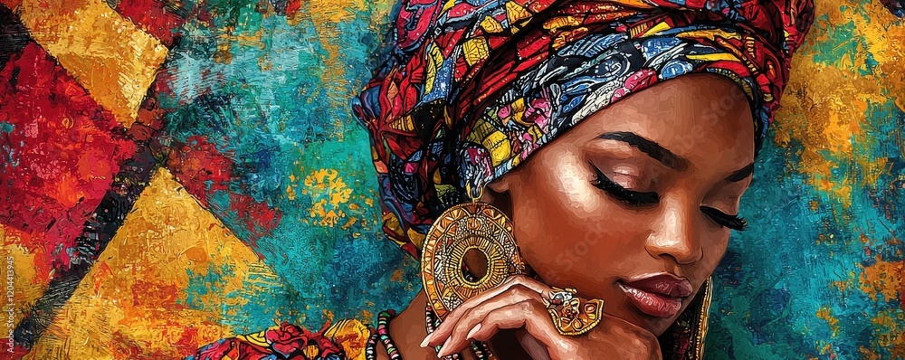 Wall mural Elegant woman wearing traditional African headscarf and jewelry