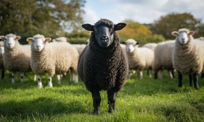 Obraz premium Black sheep standing confidently in front of a flock of white sheep in a lush green pasture under a partly cloudy sky
