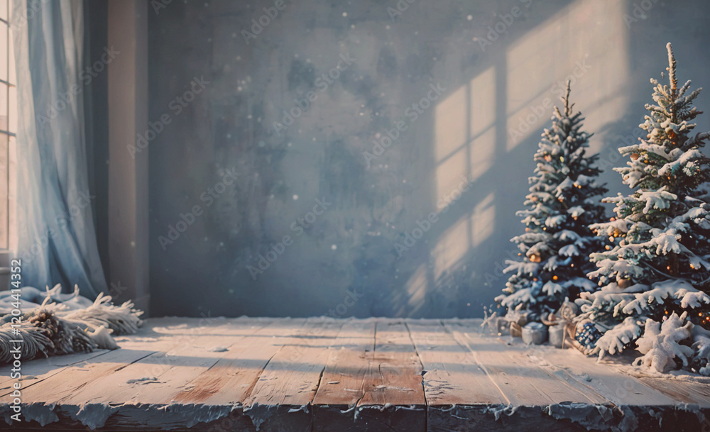 Poster A room with two Christmas trees and a window. The room is empty and the trees are covered in snow