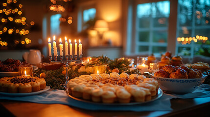 Fototapeta premium Beautiful Hanukkah scene with a silver menorah in the center