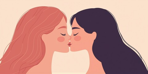 Intimate kiss between two women, showcasing love and connection, soft pastel colors, minimalistic design, modern illustration style