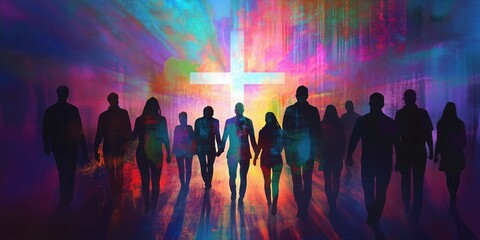 Silhouetted figures walking towards vibrant cross, symbolizing faith, unity, and spiritual journey, colorful abstract background