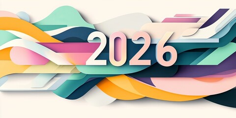 Fototapeta premium Abstract 2026 design in vibrant shades of blue, pink, and yellow.