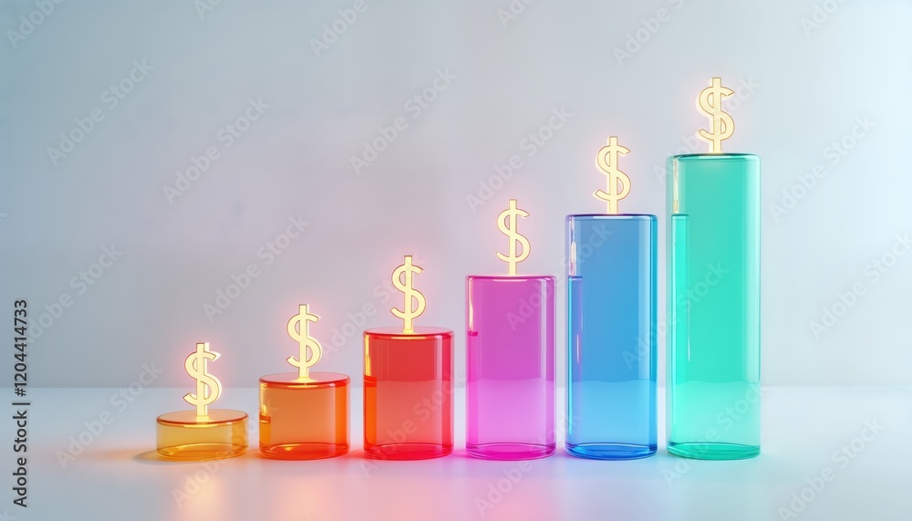 Poster colorful vibrant bar graph illustrates financial growth. dollar signs highlighted on rising graph co