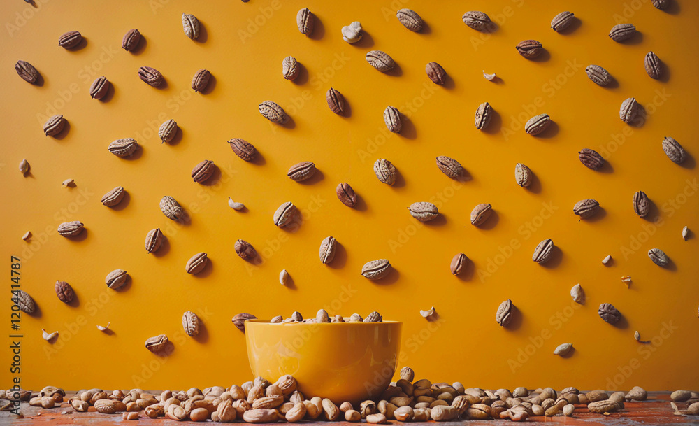 Poster a bowl of nuts is surrounded by a wall of nuts. the bowl is yellow and the wall is orange. the image