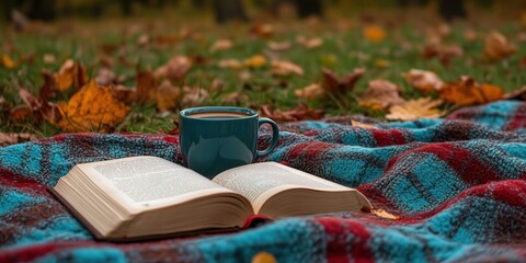 Cozy autumn scene with open book, warm coffee cup on colorful blanket surrounded by fallen leaves