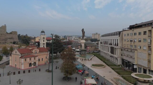 Aerial view of Ilinden Square and its surrounding landmarks in Skopje