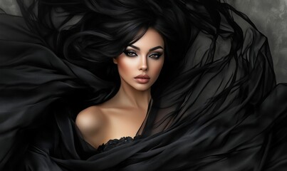 Fototapeta premium Elegant woman with flowing black fabric, striking makeup, and dark hair, exuding beauty and mystery