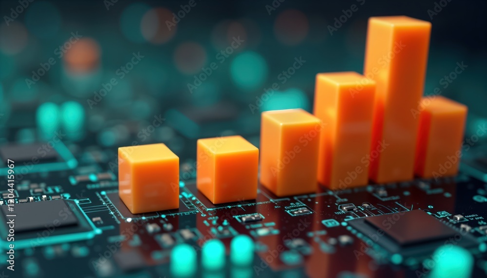 Leinwandbilder 3d bar chart displays financial growth on circuit board. orange blocks chart rising performance data