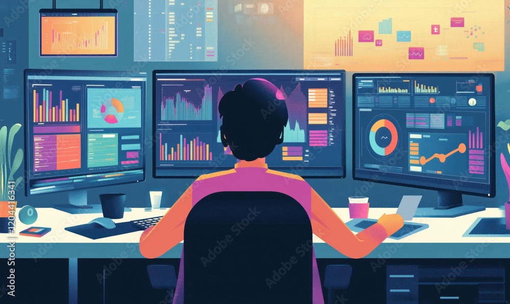Poster data analyst working with multiple monitors displaying colorful graphs and charts in modern office e