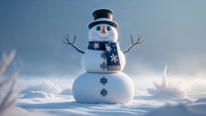 Obraz premium A majestic 3D white snowman standing proud in a winter wonderland surrounded by falling snowflakes and pine trees holiday spirit