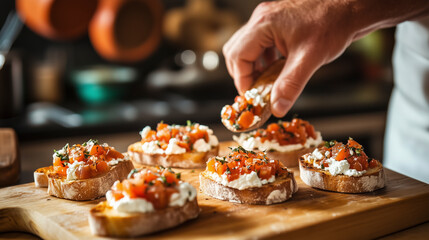 Chef arranging bruschetta slices with blurred kitchen utensils in background.