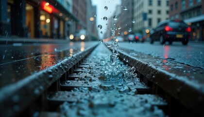 Rainwater flows through metal grate storm drain in urban setting. City street wet with heavy rain. Water splashes, forms pool in drain. Urban drainage system works during rainy weather. Metal grate