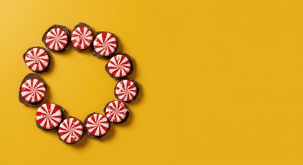 Chocolate cookies with peppermint swirl icing in circular arrangement on yellow background