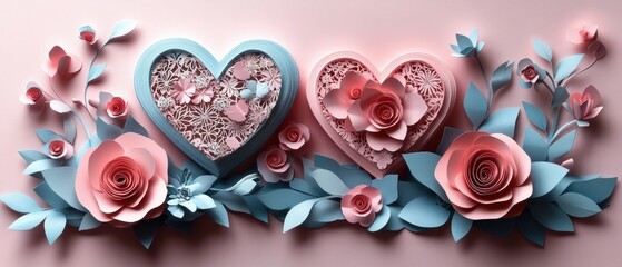 Beautiful paper art heart design with flowers and leaves elements