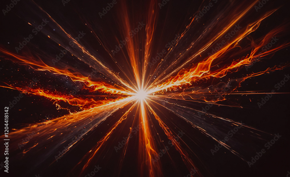Poster a bright orange light is shining through a dark background. the light is surrounded by a lot of oran