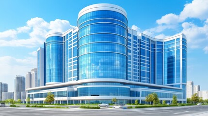Glass fronted corporate office building with a reflective facade, surrounded by a serene urban environment, embodying professionalism, modern design, and advanced architecture for business hubs